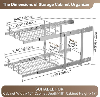 2 Tier Pull Out Cabinet Organizer 15" W X 22" D, Chromed, Full Slide Out | For Kitchen Organizers and Storage, Pull Out Drawers For Cabinets Capacity Heavy Duty Caddy, Cabinet Shelves, Bathroom Pantry