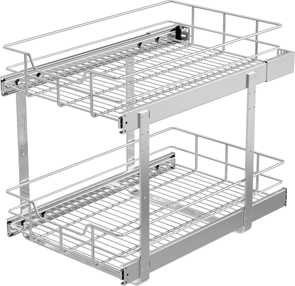 2 Tier Pull Out Cabinet Organizer 15" W X 22" D, Chromed, Full Slide Out | For Kitchen Organizers and Storage, Pull Out Drawers For Cabinets Capacity Heavy Duty Caddy, Cabinet Shelves, Bathroom Pantry