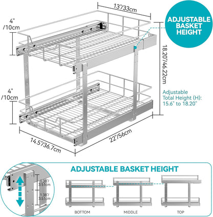 2 Tier Pull Out Cabinet Organizer 15" W X 22" D, Chromed, Full Slide Out | For Kitchen Organizers and Storage, Pull Out Drawers For Cabinets Capacity Heavy Duty Caddy, Cabinet Shelves, Bathroom Pantry