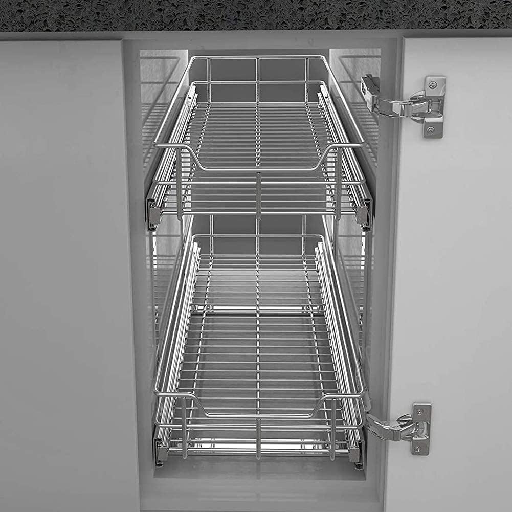 2 Tier Pull Out Cabinet Organizer 15" W X 22" D, Chromed, Full Slide Out | For Kitchen Organizers and Storage, Pull Out Drawers For Cabinets Capacity Heavy Duty Caddy, Cabinet Shelves, Bathroom Pantry