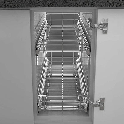 2 Tier Pull Out Cabinet Organizer 15" W X 22" D, Chromed, Full Slide Out | For Kitchen Organizers and Storage, Pull Out Drawers For Cabinets Capacity Heavy Duty Caddy, Cabinet Shelves, Bathroom Pantry