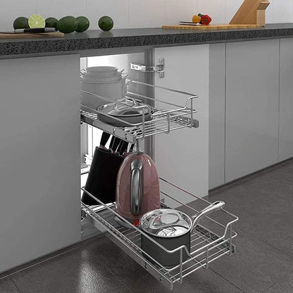2 Tier Pull Out Cabinet Organizer 15" W X 22" D, Chromed, Full Slide Out | For Kitchen Organizers and Storage, Pull Out Drawers For Cabinets Capacity Heavy Duty Caddy, Cabinet Shelves, Bathroom Pantry