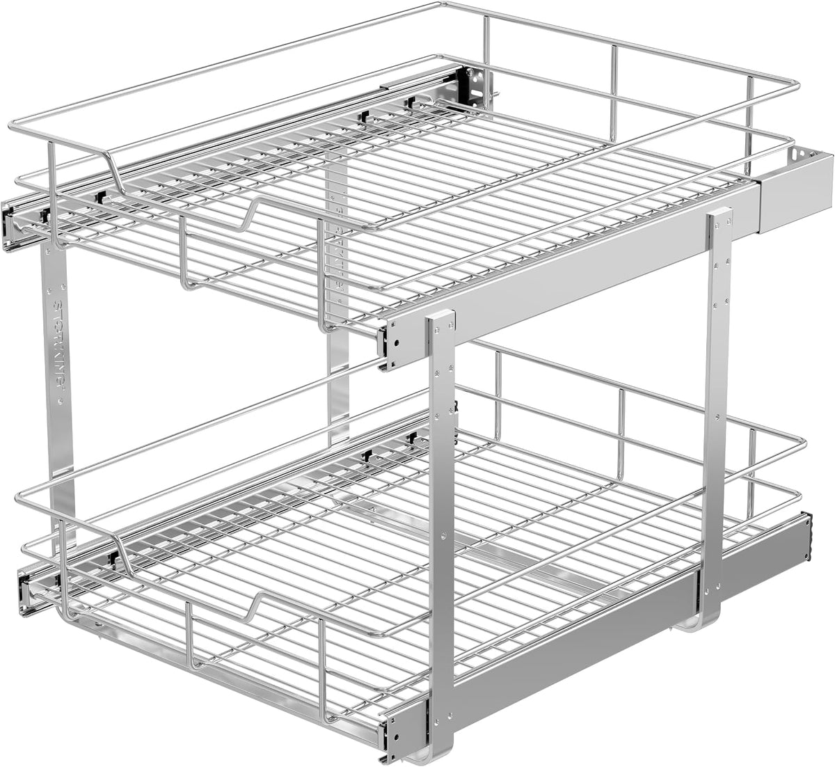 2 Tier Pull Out Cabinet Organizer 15" W X 22" D, Chromed, Full Slide Out | For Kitchen Organizers and Storage, Pull Out Drawers For Cabinets Capacity Heavy Duty Caddy, Cabinet Shelves, Bathroom Pantry