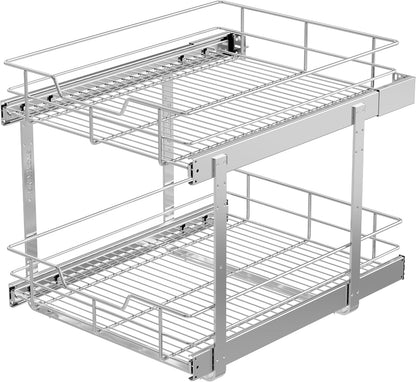 2 Tier Pull Out Cabinet Organizer 15" W X 22" D, Chromed, Full Slide Out | For Kitchen Organizers and Storage, Pull Out Drawers For Cabinets Capacity Heavy Duty Caddy, Cabinet Shelves, Bathroom Pantry