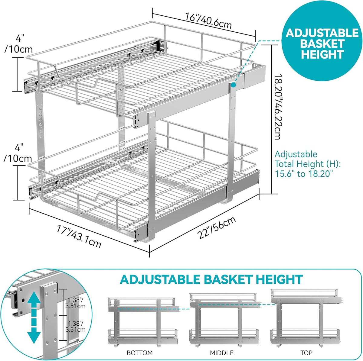 2 Tier Pull Out Cabinet Organizer 15" W X 22" D, Chromed, Full Slide Out | For Kitchen Organizers and Storage, Pull Out Drawers For Cabinets Capacity Heavy Duty Caddy, Cabinet Shelves, Bathroom Pantry