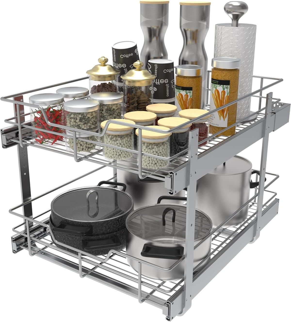 2 Tier Pull Out Cabinet Organizer 15" W X 22" D, Chromed, Full Slide Out | For Kitchen Organizers and Storage, Pull Out Drawers For Cabinets Capacity Heavy Duty Caddy, Cabinet Shelves, Bathroom Pantry
