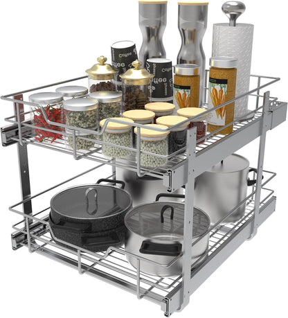 2 Tier Pull Out Cabinet Organizer 15" W X 22" D, Chromed, Full Slide Out | For Kitchen Organizers and Storage, Pull Out Drawers For Cabinets Capacity Heavy Duty Caddy, Cabinet Shelves, Bathroom Pantry
