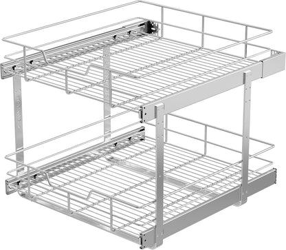 2 Tier Pull Out Cabinet Organizer 15" W X 22" D, Chromed, Full Slide Out | For Kitchen Organizers and Storage, Pull Out Drawers For Cabinets Capacity Heavy Duty Caddy, Cabinet Shelves, Bathroom Pantry