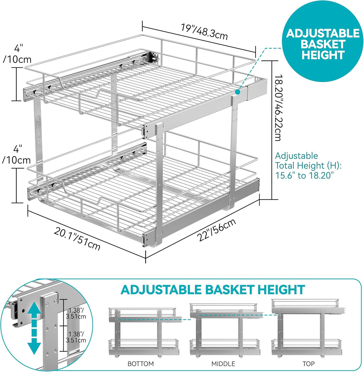 2 Tier Pull Out Cabinet Organizer 15" W X 22" D, Chromed, Full Slide Out | For Kitchen Organizers and Storage, Pull Out Drawers For Cabinets Capacity Heavy Duty Caddy, Cabinet Shelves, Bathroom Pantry