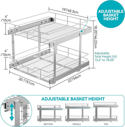 2 Tier Pull Out Cabinet Organizer 15" W X 22" D, Chromed, Full Slide Out | For Kitchen Organizers and Storage, Pull Out Drawers For Cabinets Capacity Heavy Duty Caddy, Cabinet Shelves, Bathroom Pantry