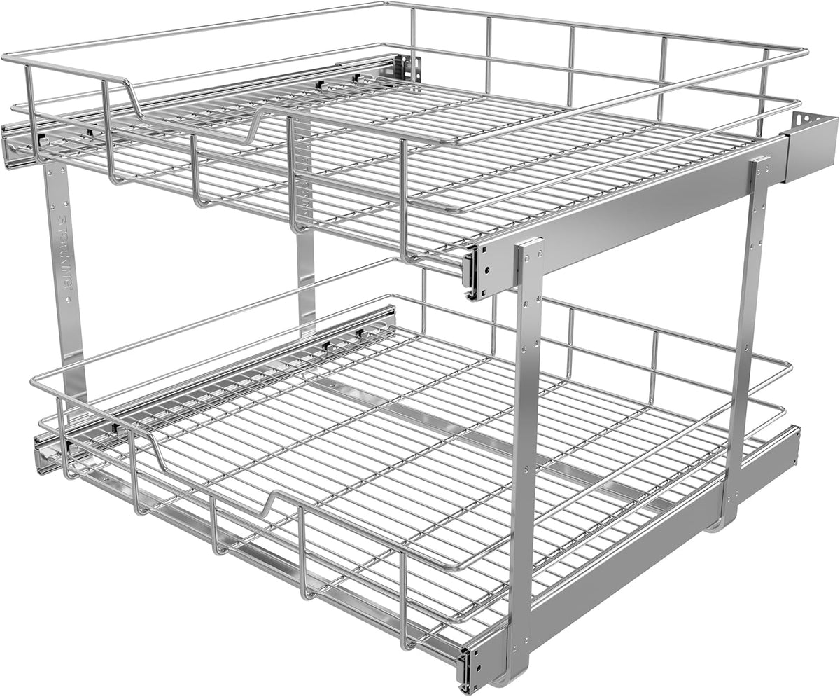 2 Tier Pull Out Cabinet Organizer 15" W X 22" D, Chromed, Full Slide Out | For Kitchen Organizers and Storage, Pull Out Drawers For Cabinets Capacity Heavy Duty Caddy, Cabinet Shelves, Bathroom Pantry