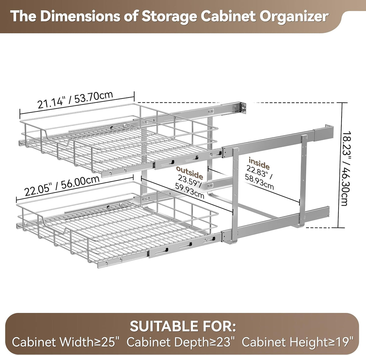2 Tier Pull Out Cabinet Organizer 15" W X 22" D, Chromed, Full Slide Out | For Kitchen Organizers and Storage, Pull Out Drawers For Cabinets Capacity Heavy Duty Caddy, Cabinet Shelves, Bathroom Pantry