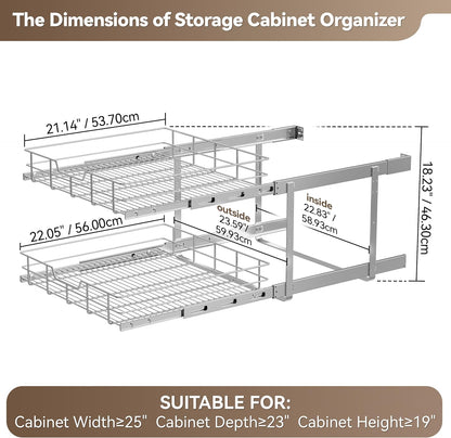 2 Tier Pull Out Cabinet Organizer 15" W X 22" D, Chromed, Full Slide Out | For Kitchen Organizers and Storage, Pull Out Drawers For Cabinets Capacity Heavy Duty Caddy, Cabinet Shelves, Bathroom Pantry