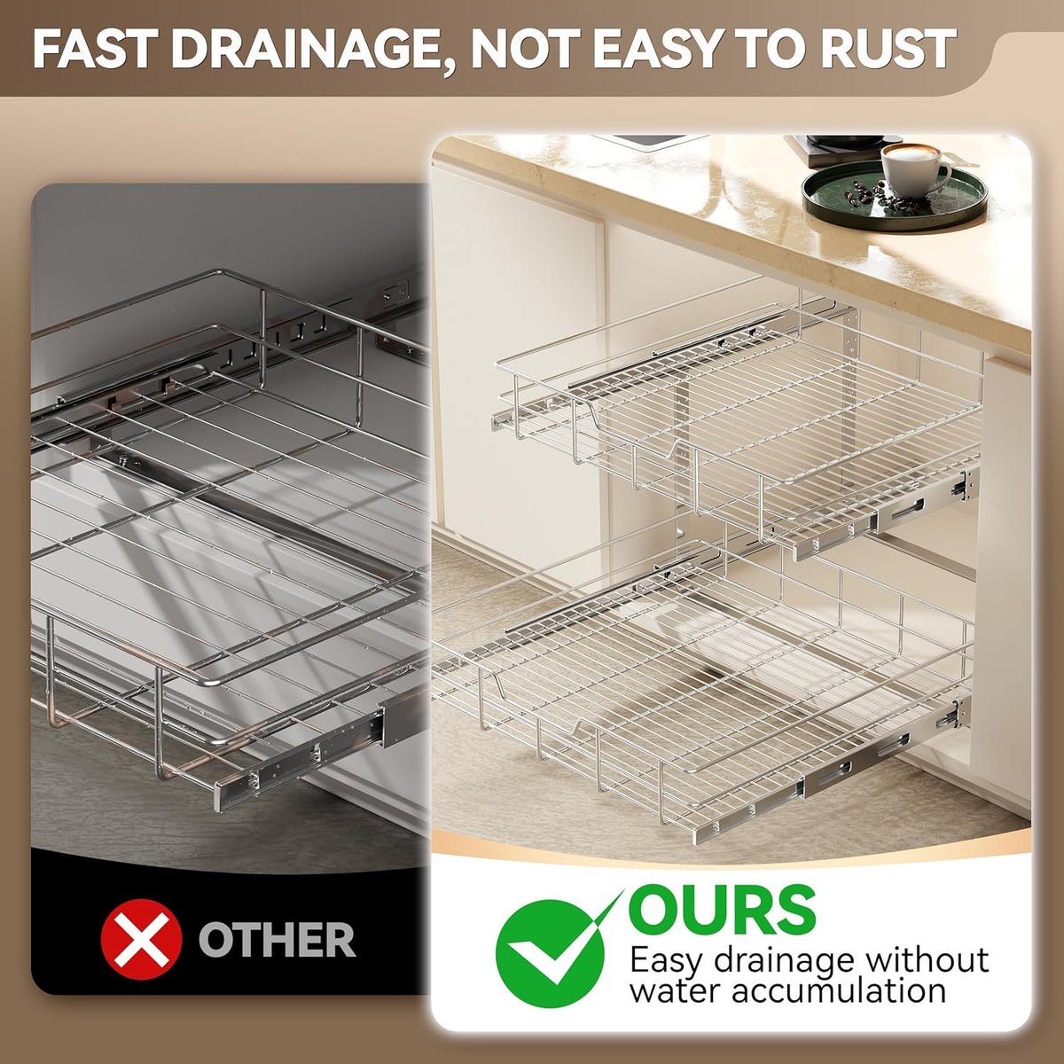 2 Tier Pull Out Cabinet Organizer 15" W X 22" D, Chromed, Full Slide Out | For Kitchen Organizers and Storage, Pull Out Drawers For Cabinets Capacity Heavy Duty Caddy, Cabinet Shelves, Bathroom Pantry