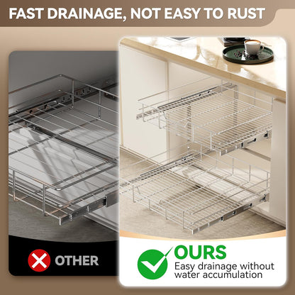 2 Tier Pull Out Cabinet Organizer 15" W X 22" D, Chromed, Full Slide Out | For Kitchen Organizers and Storage, Pull Out Drawers For Cabinets Capacity Heavy Duty Caddy, Cabinet Shelves, Bathroom Pantry
