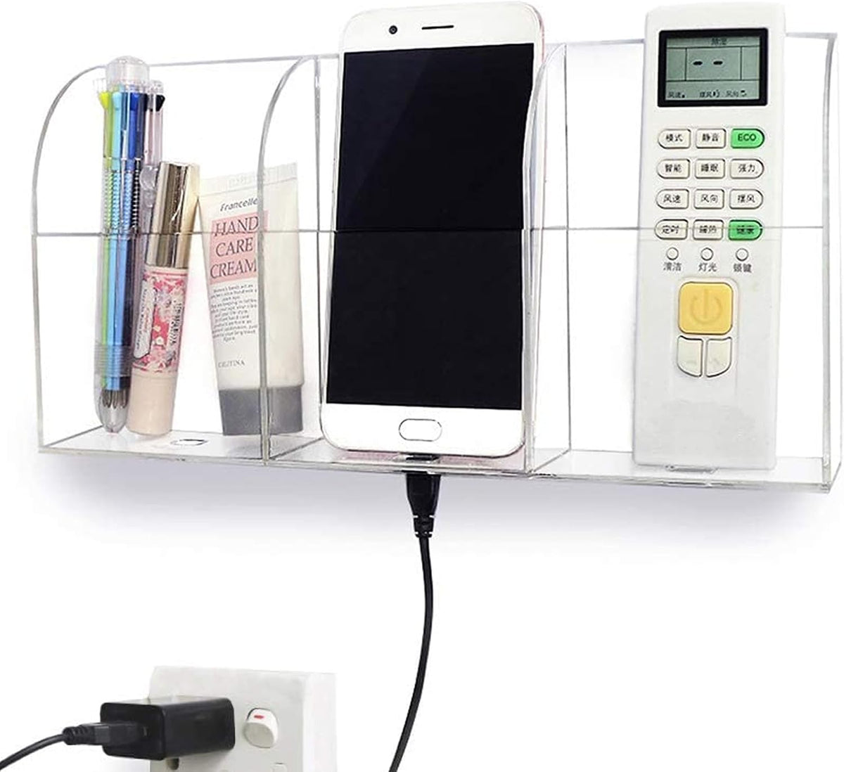 Large Acrylic 3-Slot Wall Mounted Smart Phone Charging Holder Station Clear Hanging TV Remote Controls Holder Media Organizer Wall