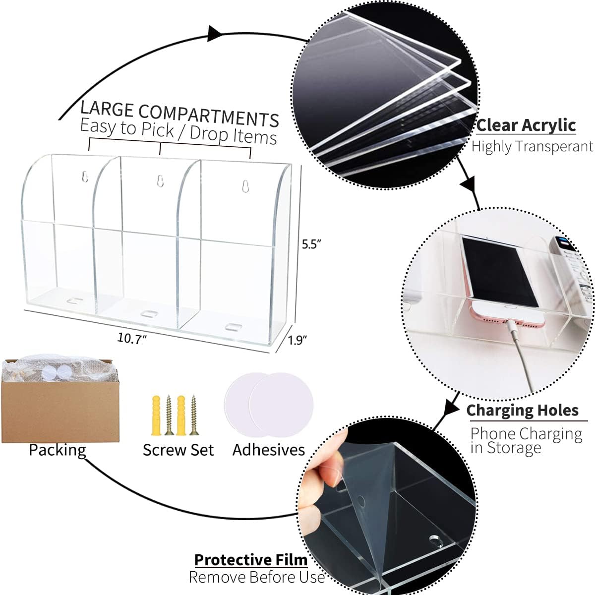 Large Acrylic 3-Slot Wall Mounted Smart Phone Charging Holder Station Clear Hanging TV Remote Controls Holder Media Organizer Wall