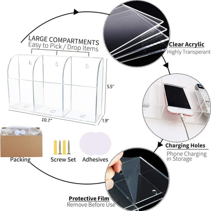 Large Acrylic 3-Slot Wall Mounted Smart Phone Charging Holder Station Clear Hanging TV Remote Controls Holder Media Organizer Wall