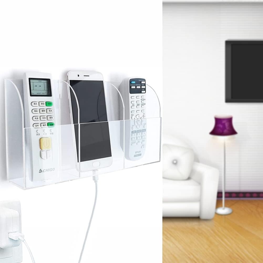 Large Acrylic 3-Slot Wall Mounted Smart Phone Charging Holder Station Clear Hanging TV Remote Controls Holder Media Organizer Wall