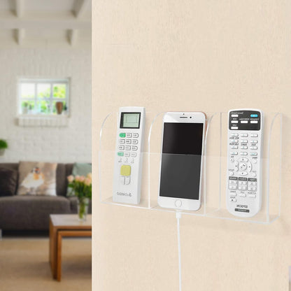 Large Acrylic 3-Slot Wall Mounted Smart Phone Charging Holder Station Clear Hanging TV Remote Controls Holder Media Organizer Wall