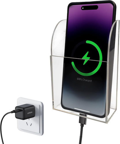 Large Acrylic 3-Slot Wall Mounted Smart Phone Charging Holder Station Clear Hanging TV Remote Controls Holder Media Organizer Wall