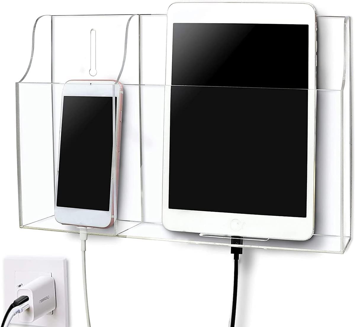 Large Acrylic 3-Slot Wall Mounted Smart Phone Charging Holder Station Clear Hanging TV Remote Controls Holder Media Organizer Wall