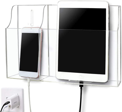 Large Acrylic 3-Slot Wall Mounted Smart Phone Charging Holder Station Clear Hanging TV Remote Controls Holder Media Organizer Wall