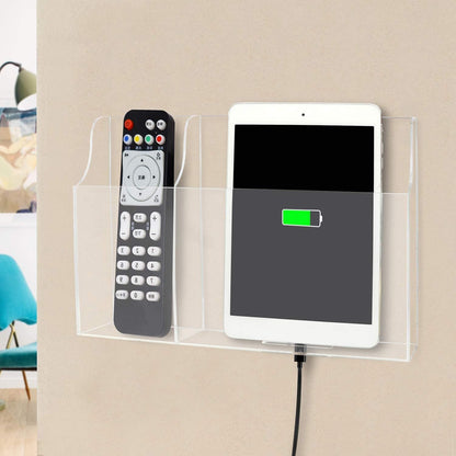 Large Acrylic 3-Slot Wall Mounted Smart Phone Charging Holder Station Clear Hanging TV Remote Controls Holder Media Organizer Wall