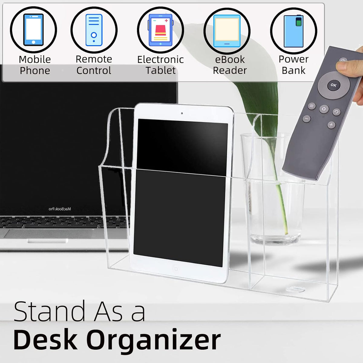 Large Acrylic 3-Slot Wall Mounted Smart Phone Charging Holder Station Clear Hanging TV Remote Controls Holder Media Organizer Wall