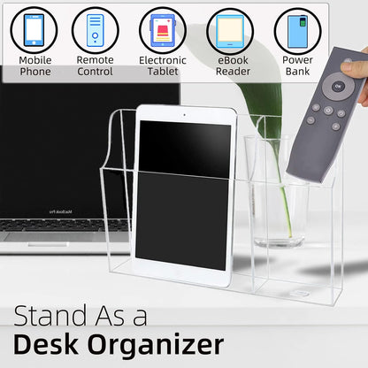 Large Acrylic 3-Slot Wall Mounted Smart Phone Charging Holder Station Clear Hanging TV Remote Controls Holder Media Organizer Wall