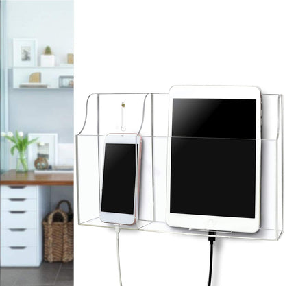 Large Acrylic 3-Slot Wall Mounted Smart Phone Charging Holder Station Clear Hanging TV Remote Controls Holder Media Organizer Wall