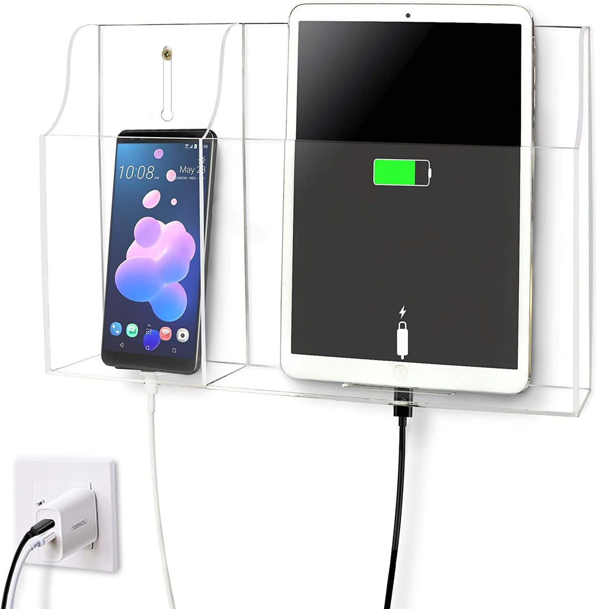 Large Acrylic 3-Slot Wall Mounted Smart Phone Charging Holder Station Clear Hanging TV Remote Controls Holder Media Organizer Wall