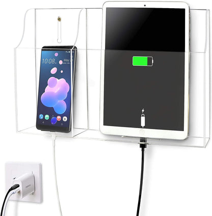 Large Acrylic 3-Slot Wall Mounted Smart Phone Charging Holder Station Clear Hanging TV Remote Controls Holder Media Organizer Wall