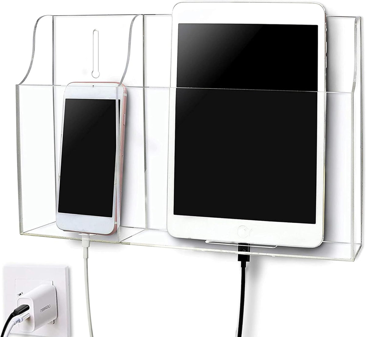 Large Acrylic 3-Slot Wall Mounted Smart Phone Charging Holder Station Clear Hanging TV Remote Controls Holder Media Organizer Wall