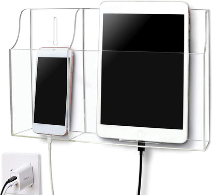 Large Acrylic 3-Slot Wall Mounted Smart Phone Charging Holder Station Clear Hanging TV Remote Controls Holder Media Organizer Wall