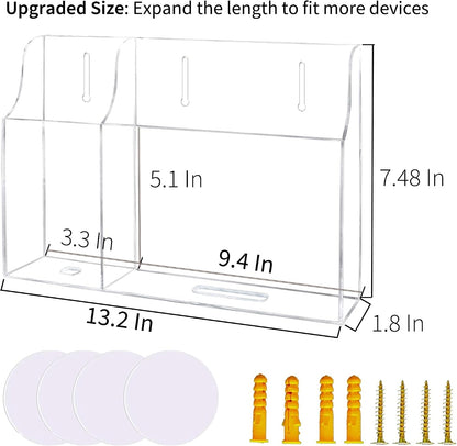 Large Acrylic 3-Slot Wall Mounted Smart Phone Charging Holder Station Clear Hanging TV Remote Controls Holder Media Organizer Wall