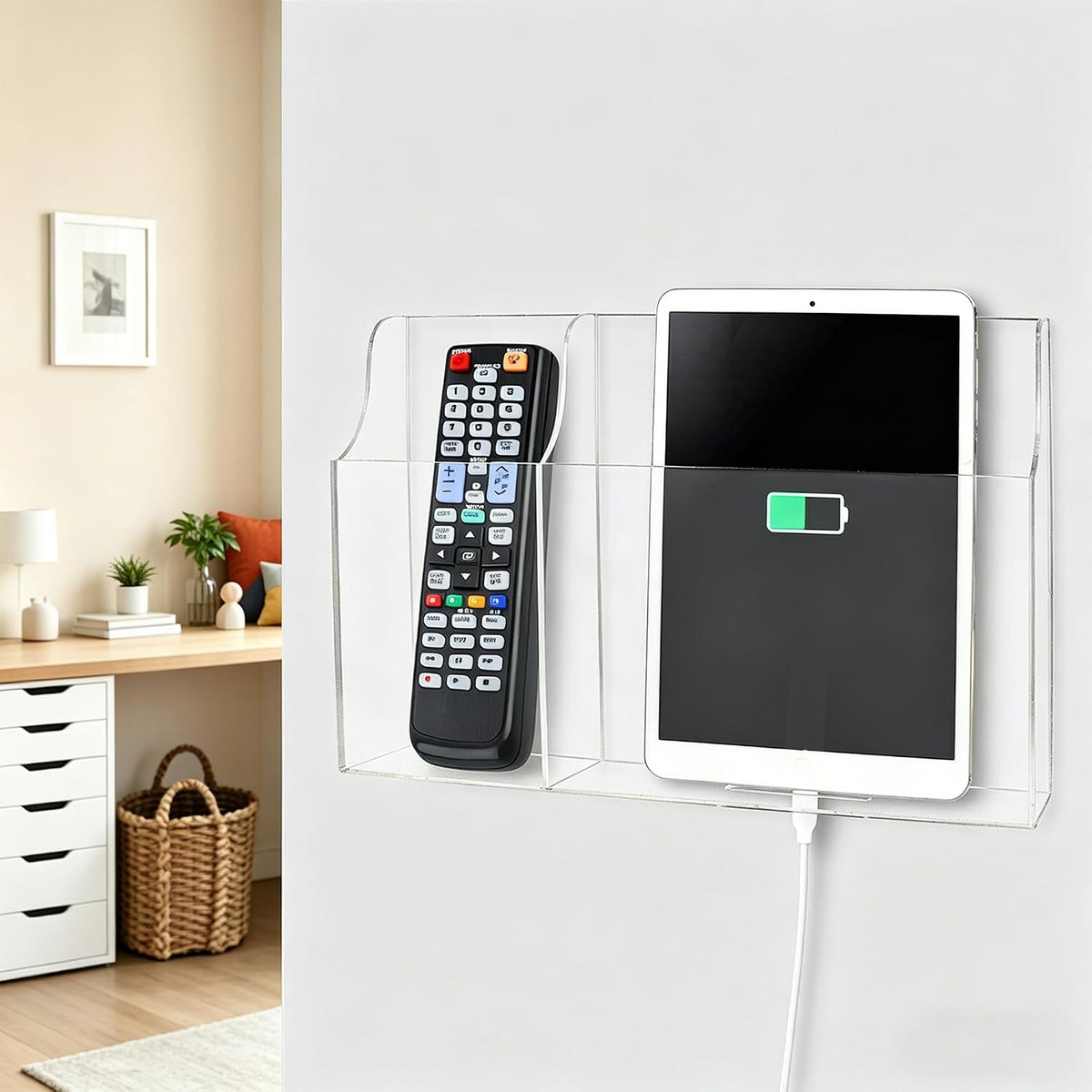 Large Acrylic 3-Slot Wall Mounted Smart Phone Charging Holder Station Clear Hanging TV Remote Controls Holder Media Organizer Wall