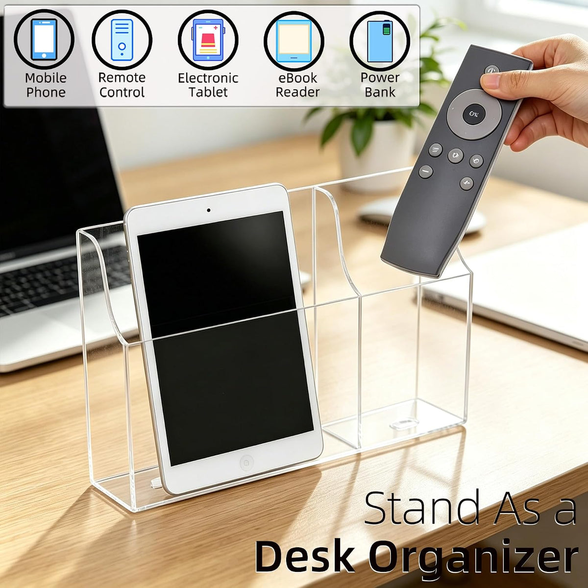 Large Acrylic 3-Slot Wall Mounted Smart Phone Charging Holder Station Clear Hanging TV Remote Controls Holder Media Organizer Wall