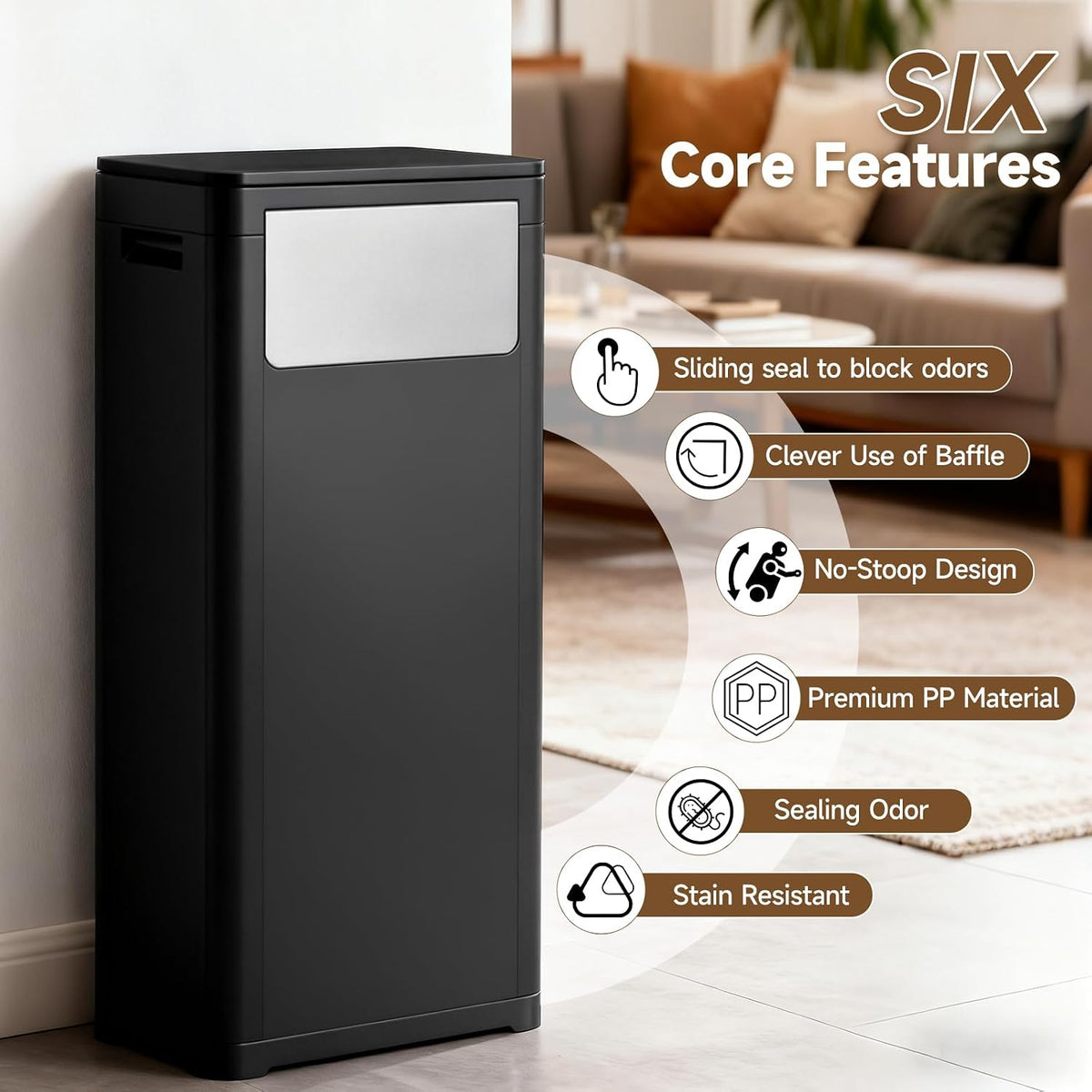 Tall Kitchen Trash Can with Lid,Narrow 8 Gallon Commercial Trash Cans with Handle,Space Saving Dog Proof Trash Can with Press Top Lid, Black Food Waste Bin for Kitchen, Office, Living Room, Dorm
