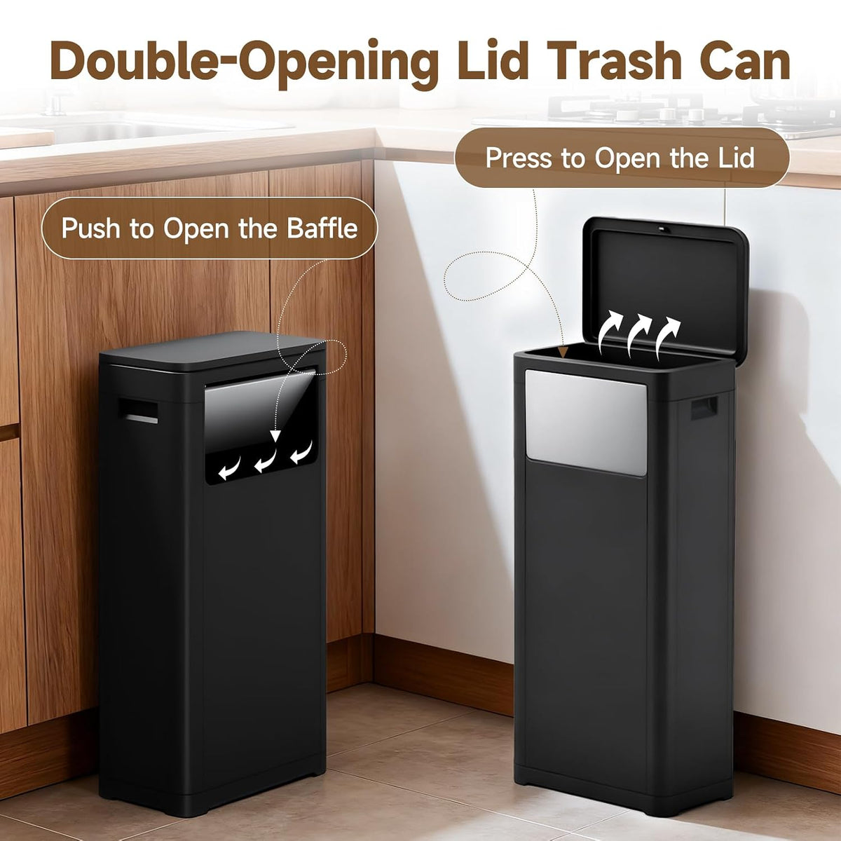 Tall Kitchen Trash Can with Lid,Narrow 8 Gallon Commercial Trash Cans with Handle,Space Saving Dog Proof Trash Can with Press Top Lid, Black Food Waste Bin for Kitchen, Office, Living Room, Dorm