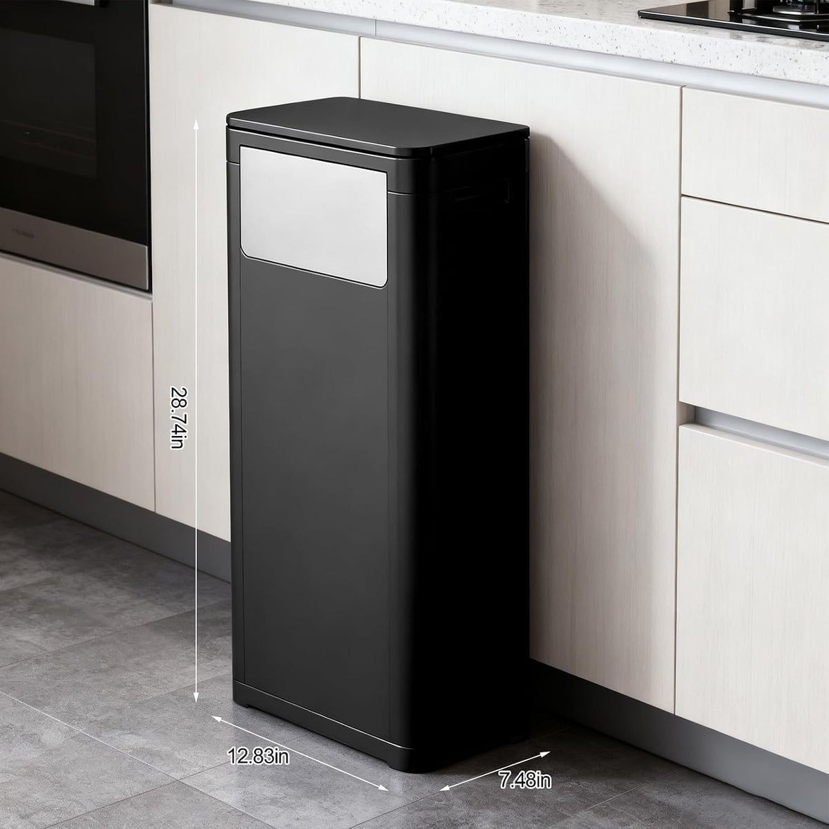 Tall Kitchen Trash Can with Lid,Narrow 8 Gallon Commercial Trash Cans with Handle,Space Saving Dog Proof Trash Can with Press Top Lid, Black Food Waste Bin for Kitchen, Office, Living Room, Dorm