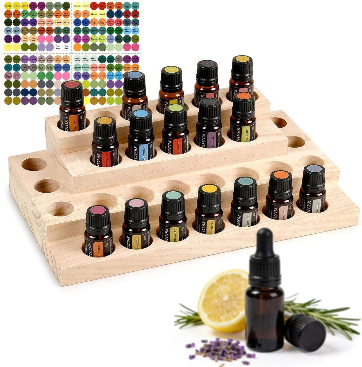 1-Tier Wooden Essential Oil Display Storage Organizer Holder Stand - 6 Slots Natural Hard Pine Wood Rack - Holds up to 6 Aromatherapy Bottles - Gift Presentation Shelf