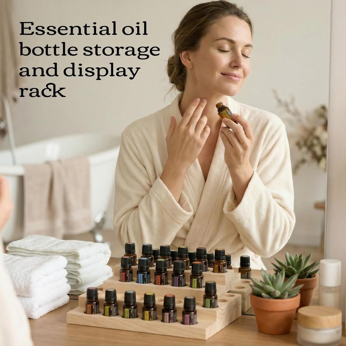 1-Tier Wooden Essential Oil Display Storage Organizer Holder Stand - 6 Slots Natural Hard Pine Wood Rack - Holds up to 6 Aromatherapy Bottles - Gift Presentation Shelf