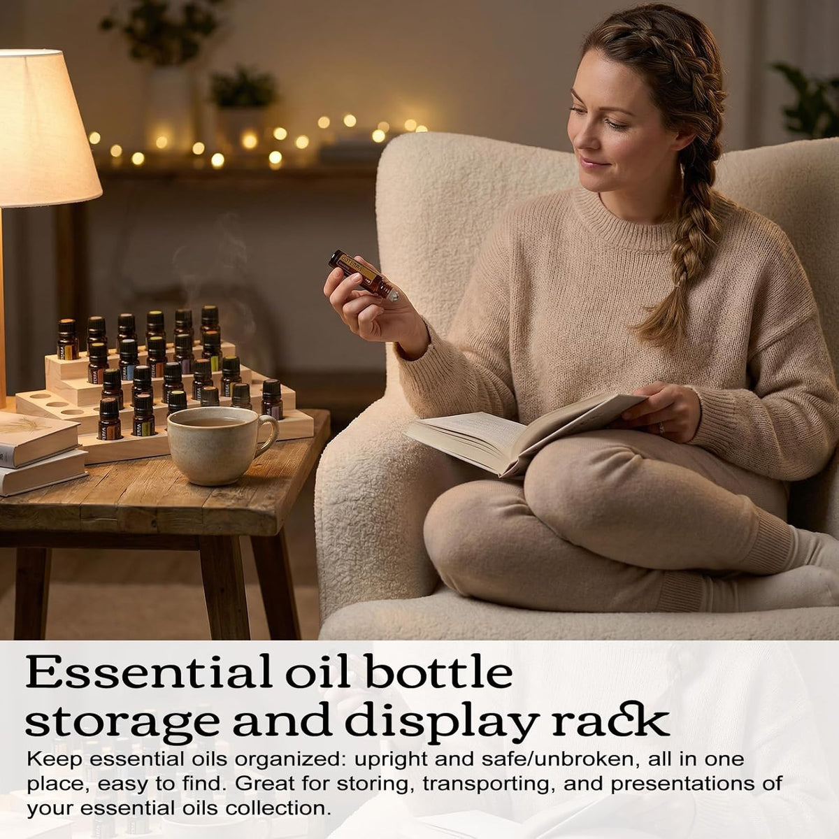 1-Tier Wooden Essential Oil Display Storage Organizer Holder Stand - 6 Slots Natural Hard Pine Wood Rack - Holds up to 6 Aromatherapy Bottles - Gift Presentation Shelf