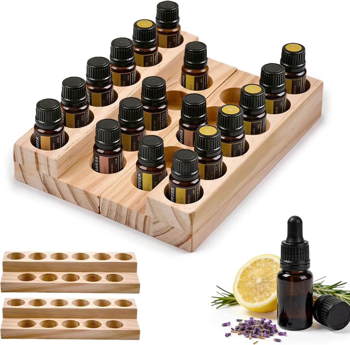 1-Tier Wooden Essential Oil Display Storage Organizer Holder Stand - 6 Slots Natural Hard Pine Wood Rack - Holds up to 6 Aromatherapy Bottles - Gift Presentation Shelf