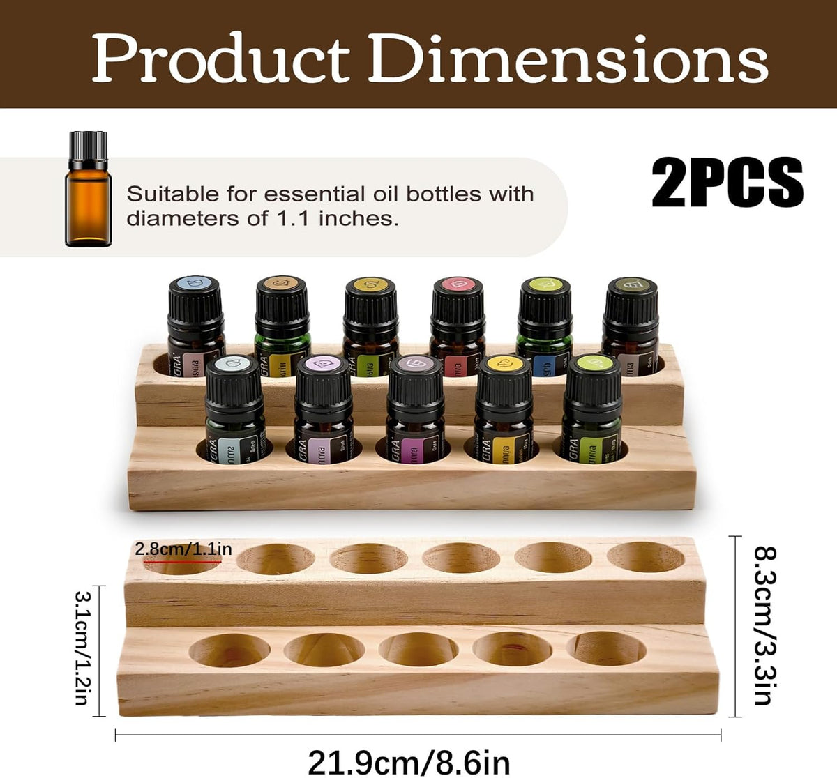 1-Tier Wooden Essential Oil Display Storage Organizer Holder Stand - 6 Slots Natural Hard Pine Wood Rack - Holds up to 6 Aromatherapy Bottles - Gift Presentation Shelf