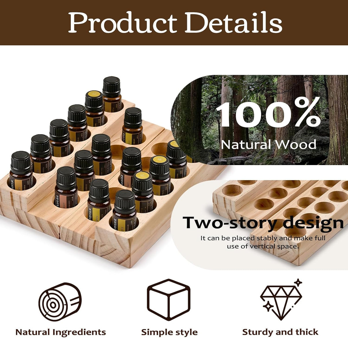 1-Tier Wooden Essential Oil Display Storage Organizer Holder Stand - 6 Slots Natural Hard Pine Wood Rack - Holds up to 6 Aromatherapy Bottles - Gift Presentation Shelf