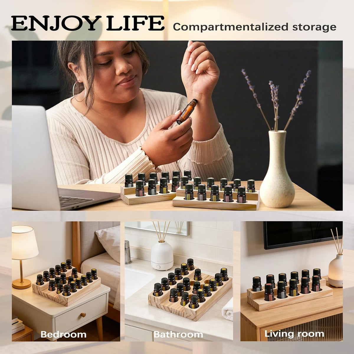 1-Tier Wooden Essential Oil Display Storage Organizer Holder Stand - 6 Slots Natural Hard Pine Wood Rack - Holds up to 6 Aromatherapy Bottles - Gift Presentation Shelf