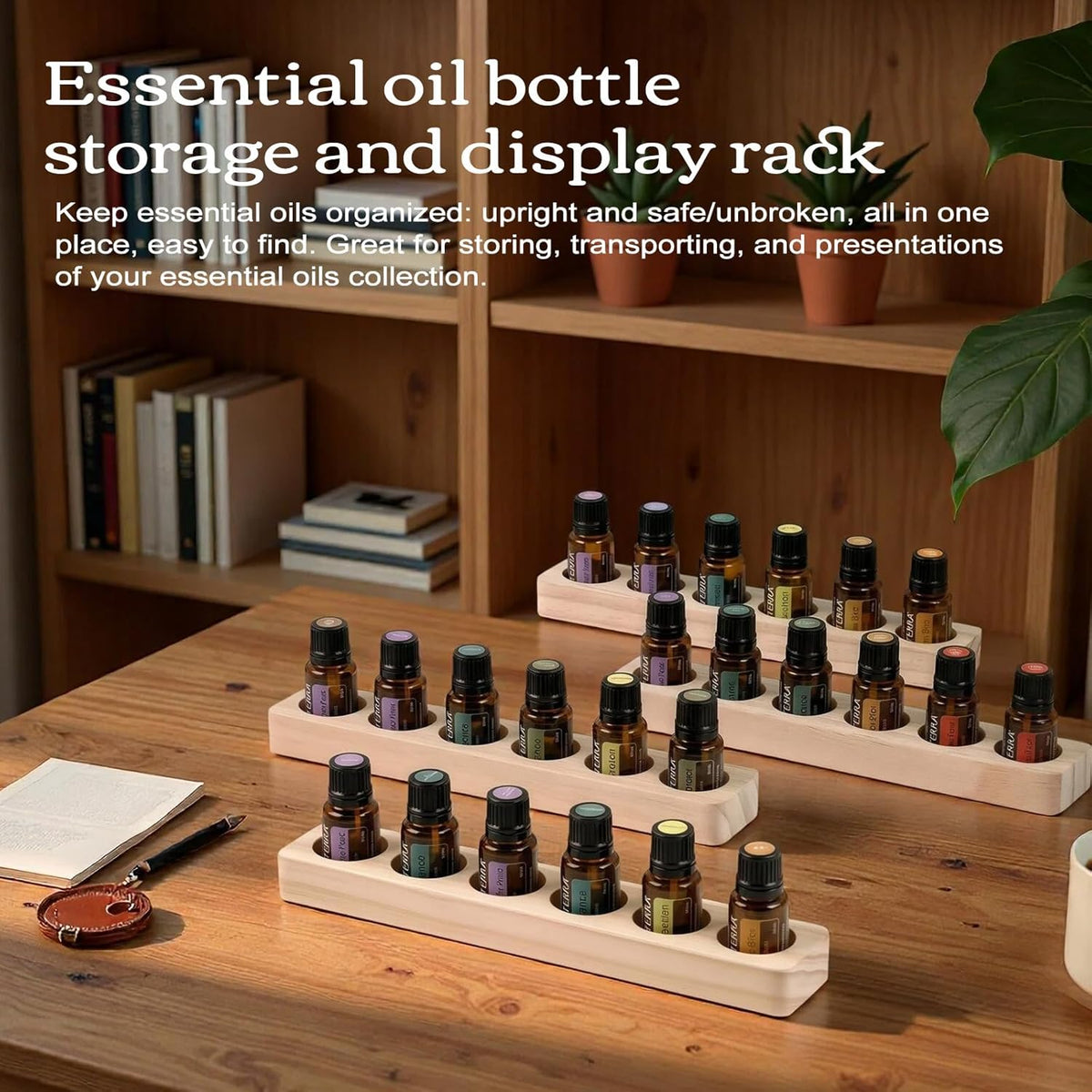 1-Tier Wooden Essential Oil Display Storage Organizer Holder Stand - 6 Slots Natural Hard Pine Wood Rack - Holds up to 6 Aromatherapy Bottles - Gift Presentation Shelf