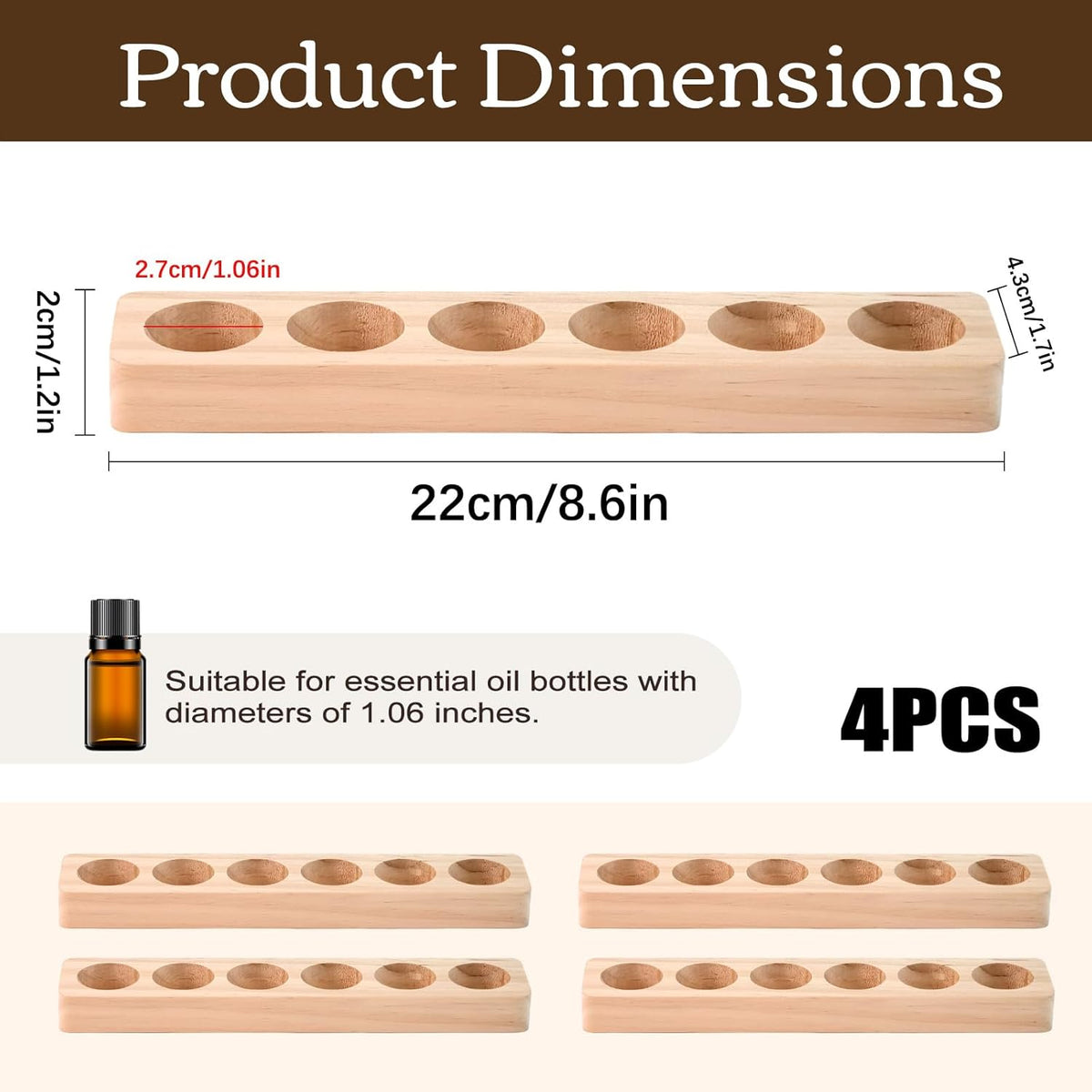 1-Tier Wooden Essential Oil Display Storage Organizer Holder Stand - 6 Slots Natural Hard Pine Wood Rack - Holds up to 6 Aromatherapy Bottles - Gift Presentation Shelf